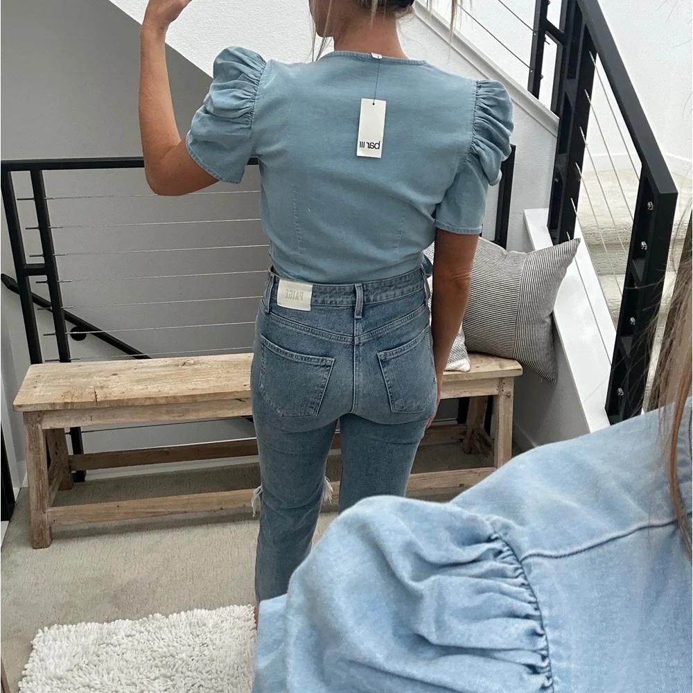 Bar III Light Wash Denim Puff Sleeve Wrap Crop Top | NWT Size Small - Picture 14 of 14